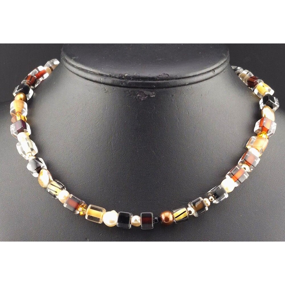 Colorful Browns Orange Murano Art Glass Cube Beads Cultured Pearl 16" Necklace